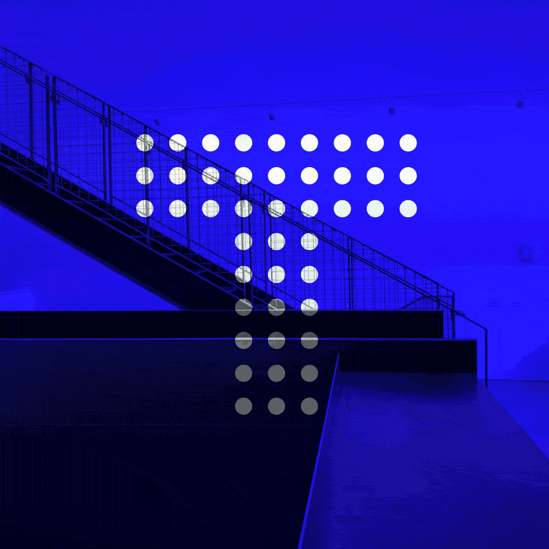 Animation of views of Turnstyle's Fremont office with a blue overlay featuring the Turnstyle 'T' in dot matrix style.