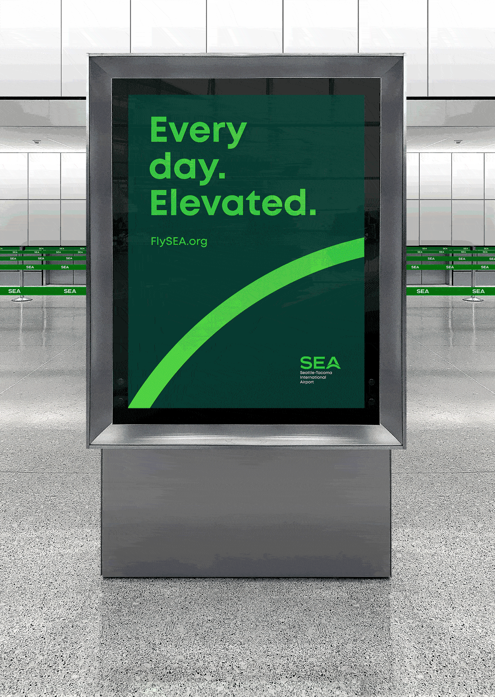 Digital animation of the SEA Airport marquee display featuring the various brand campaign quotes and the SEA logo.