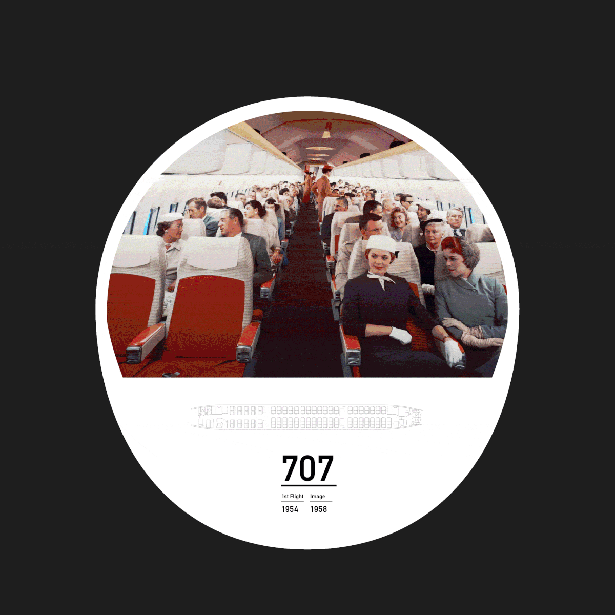 An animated showcase of Teague-designed Boeing 700-series aircraft interiors spanning decades since 1946.